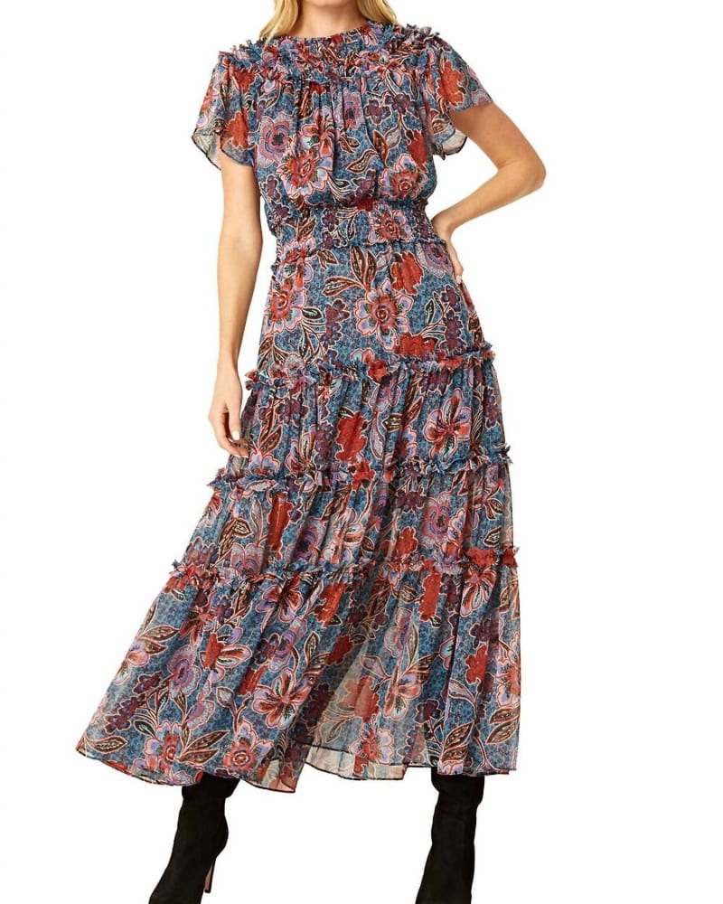 Front of a model wearing a size L Suki Dress in Cerulean Flora in Cerulean Flora by Misa Los Angeles. | dia_product_style_image_id:345492